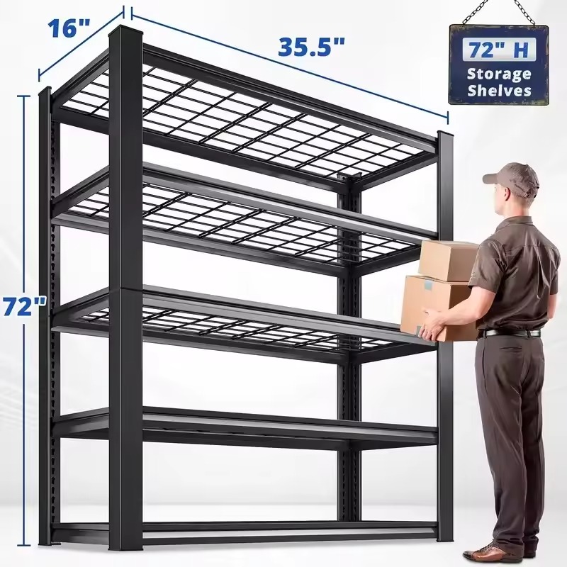 Garage Shelving Unit, 2500-Pound Storage Rack, Black Metal Shelves, Five-Tier Adjustable Heavy-Duty Shelving for Pantries, Kitch