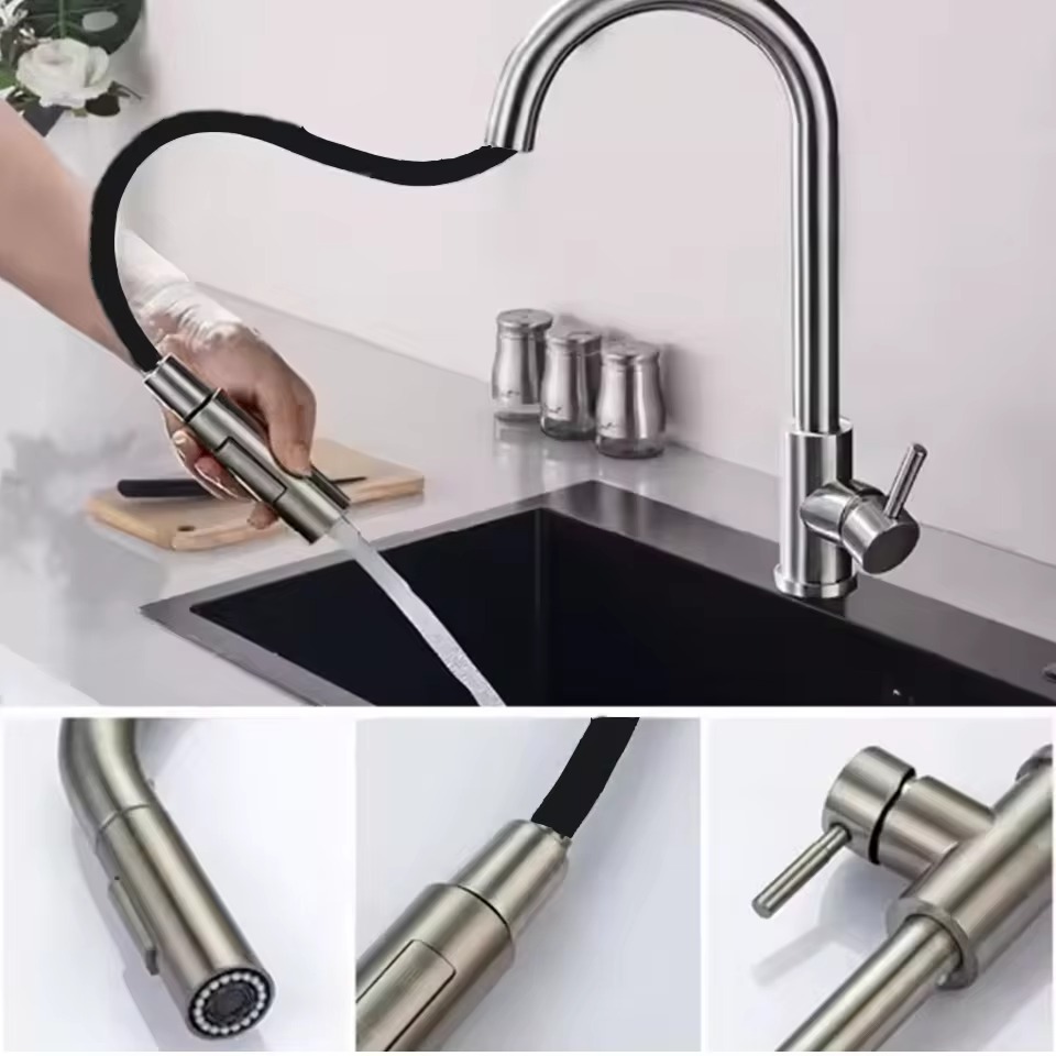 Kitchen Faucet Stainless Steel Brushed Faucet Kitchen Sink Faucet Pull-out Kitchen Water Faucet Single Hole Faucet