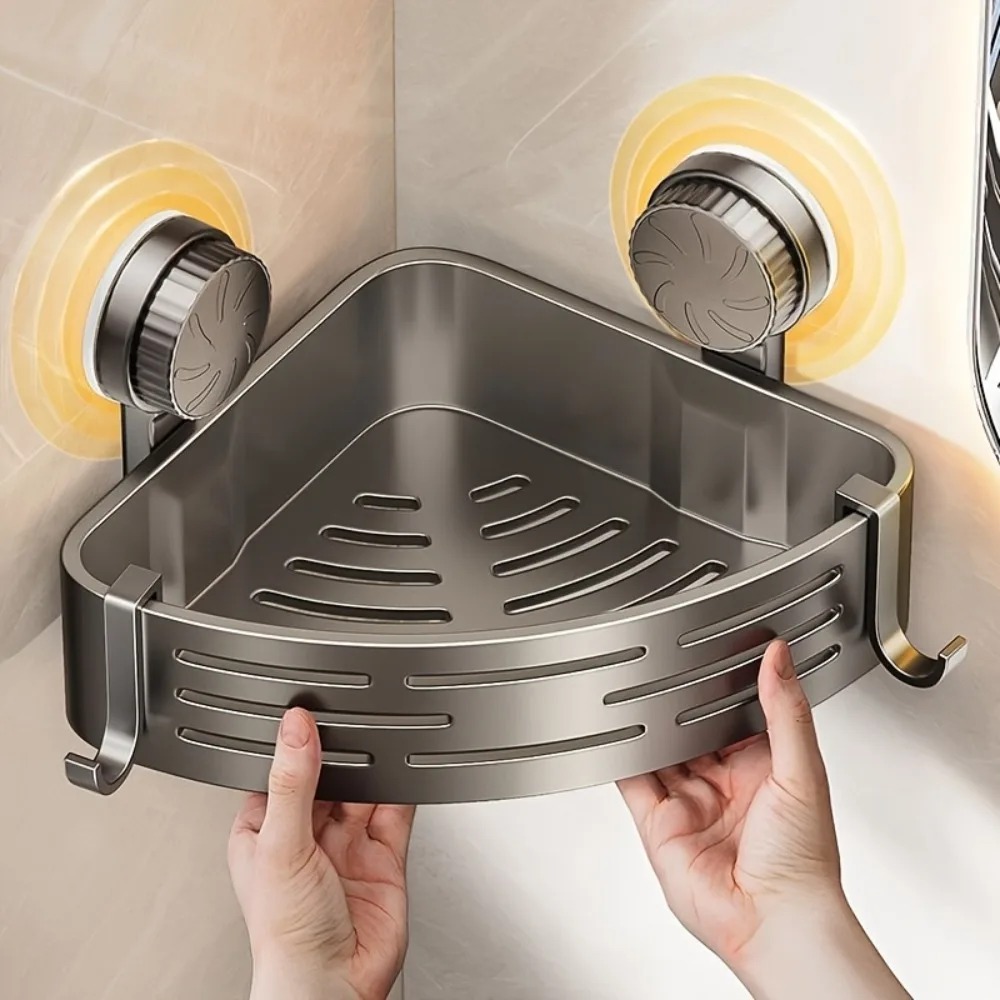 Triangular Space-Saving Suction Cup Bathroom Storage Shelf No Drilling Required Multifunctional Storage Organizer with Hooks