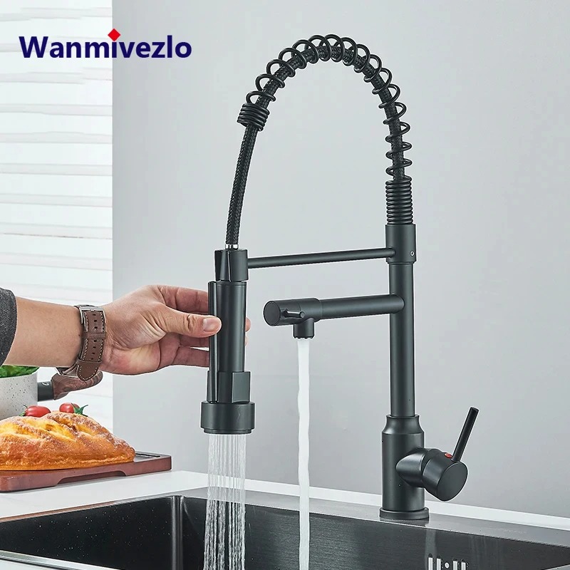 Kitchen Sink Faucet Pull Down Hot and Cold Water Mixer2 Mode Tap with Dual Spout 360 Rotation Flexible Deck Mounted