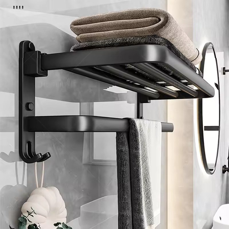 50CM Matte Black Folding Holder With Hook Towel Holder Wall Mount AluminumTowel Rack Bathroom shower rack Bathroom Accessories
